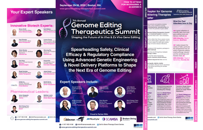 Explore the 7th Genome Editing Therapeutics Summit 2026 Agenda, covering CRISPR Therapeutics, In Vivo Gene Editing, Ex Vivo Gene Editing, Off-Target Analysis, Prime Editing, Base Editing, Genome Engineering and more