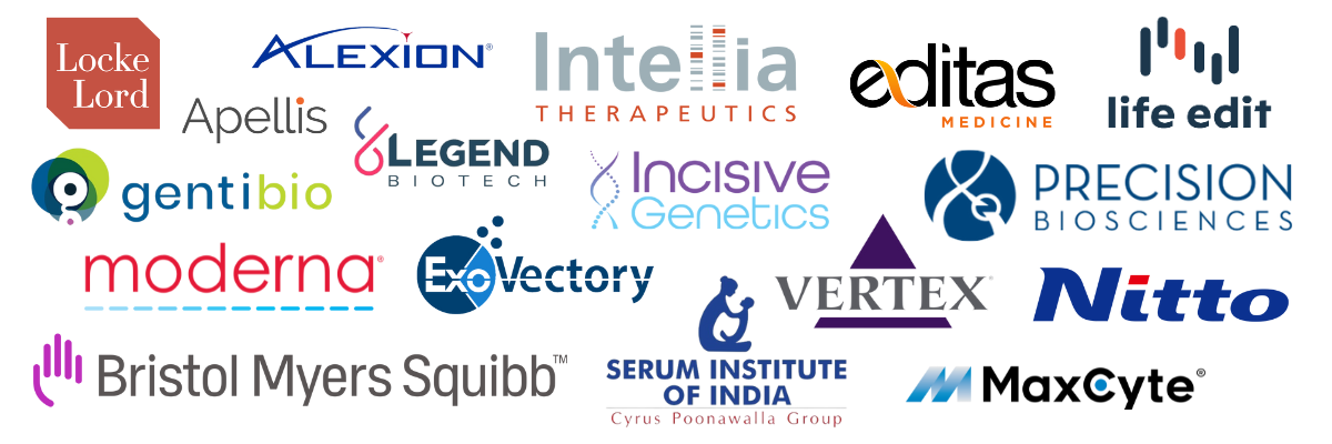 Moderna Alexion pharmaceuticals MaxCyte Vertex Pharmaceuticals Editas Medicine Bristol Myers Squibb Intellia Therapeutics Precision BioSciences Serum Institute of India Incisive Genetics GentiBio Life Edit Therapeutics ExoVectory Legend Biotech Nitto Denko Corporation Apellis Pharmaceuticals Locke Lord